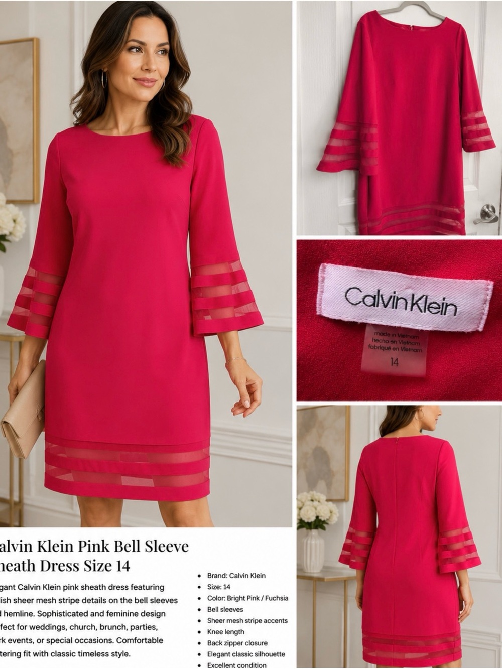 Calvin Klein Pink Bell Sleeve Sheath Dress Size 14
